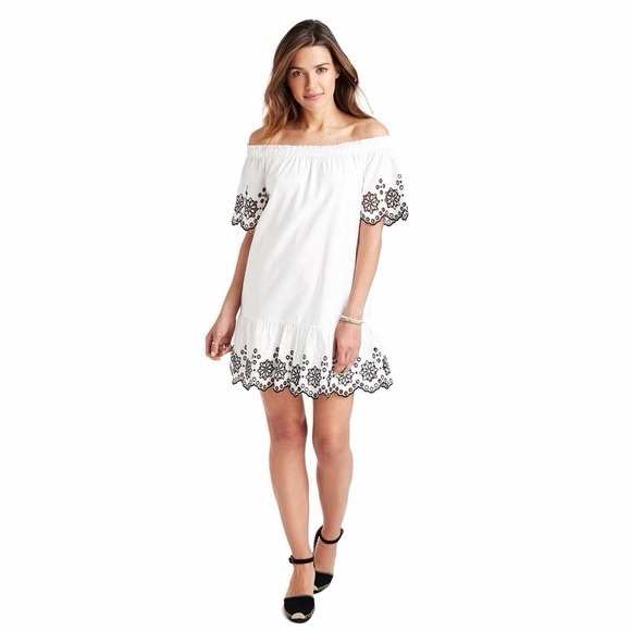 Vineyard Vines eyelet off-the-shoulder dress in white with black embroidery. - Picture 2 of 3